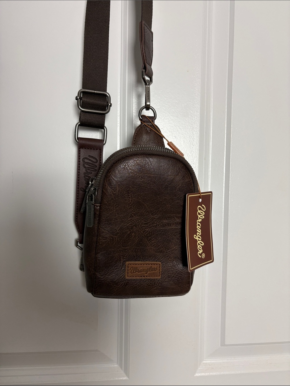 Wrangler Small Brown Leather-Style Sling Bag with Adjustable Strap